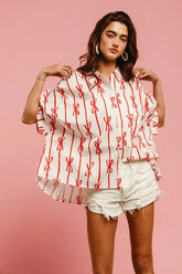 BiBi Bow Ribbon Woven Printed Button Down Shirt OFF WHITE RED OutfitFlow